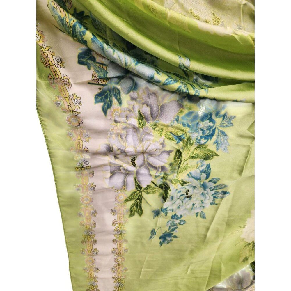 Green Floral Satin Scarf Lightweight Shawl Wrap Elegant Summer Accessory - Picture 9 of 12